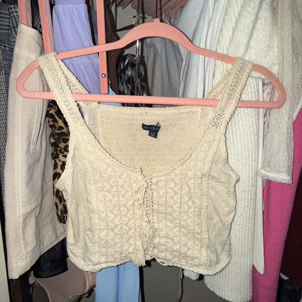 American Eagle Outfitters Cream Cropped Ribbed Tank Top